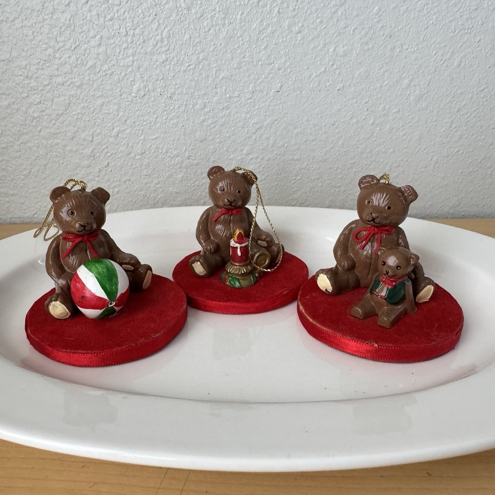 Vtg 80s Christmas Teddy‎ Bear Ornaments w/ Ball Candle Lot 3 Kitsch Taiwan Red